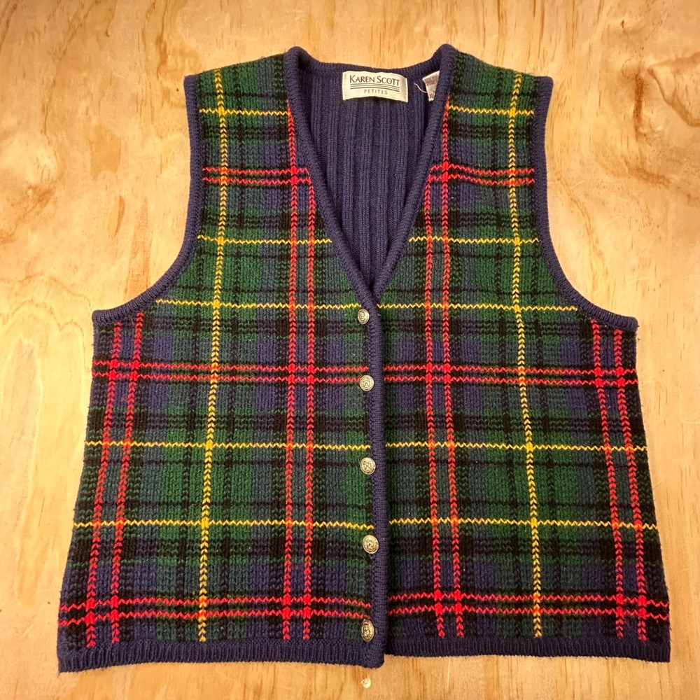 Karen Scott Womens Sweater Vest PL Petite Large Navy Plaid Wool Blend Button